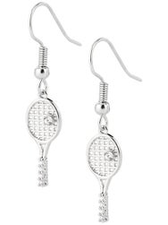 Born To Rally Racquet Rhinestone Dangle Earrings-Silver