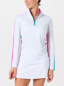 IBKUL Women's Colorblock LS Zip Mock - Wh/Hot Pink/Turq